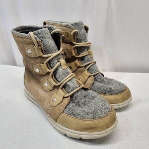 SOREL Women’s Explorer Joan Faux Fur-Lined Waterproof Boots Brown Grey Size 8